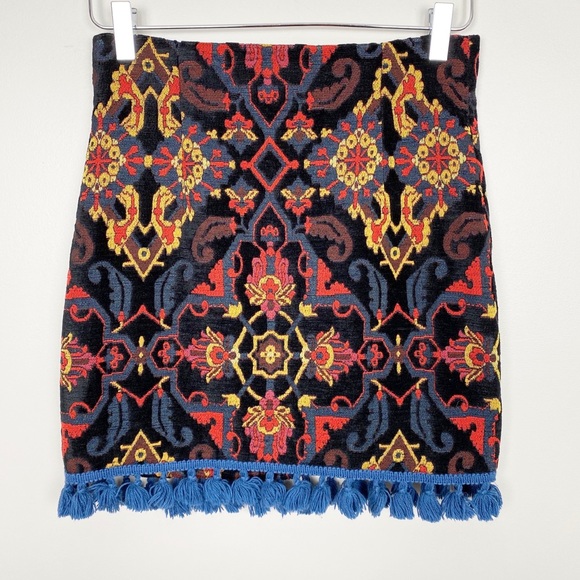 Zara Dresses & Skirts - ZARA Tapestry Jacquard Fringe Skirt S Black Boho